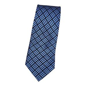 PAUL STUART Men's 100% Silk Necktie LUXURY Tie Blue Geometric W:3.6" EUC
